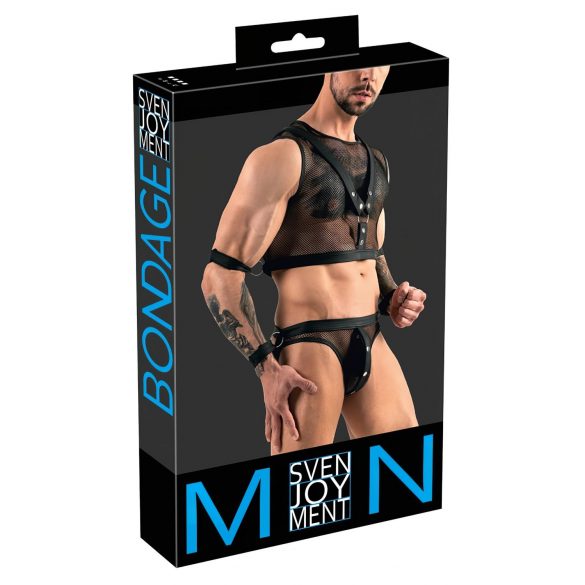 Set Svenjoyment in rete - maglia trasparente e jockstrap uomo con menotte (nero)