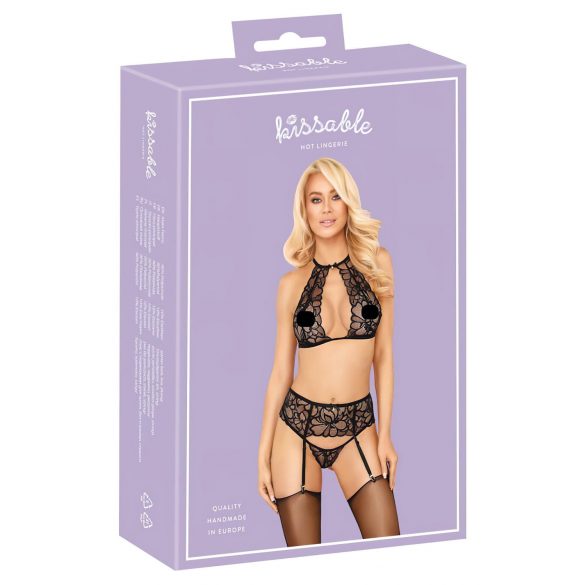 Baciabili - Set reggiseno in pizzo con collo allacciato (nero) - L/XL