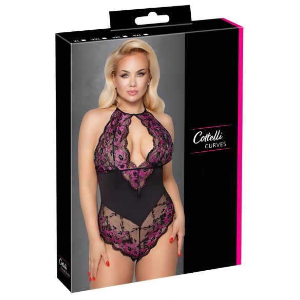 Cottelli Plus Size - body floreale (nero-lilla) - 2XL