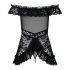 Obsessive Flores - babydoll con volant e fiori con perizoma (nero)